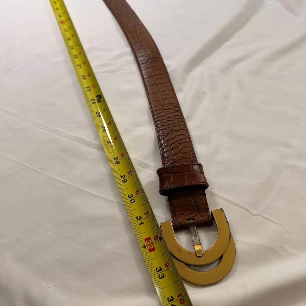 Vintage Liz Claiborne Brown Croc Embossed Leather Belt Gold Crescent Buckle 2642